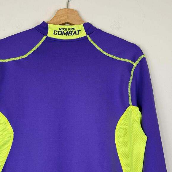 Nike Pro Combat Hyperwarm Dri-Fit Max Shirt Purple Neon Yellow Size L Fitted Y2K - Picture 5 of 8